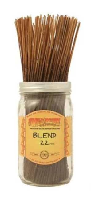 Blend 22™ incense sticks. A fruity mix of over a dozen fragrances. Notes include strawberry, heliotrope blossom, ginger, peach, patchouli and cinnamon spice. Sold 10 sticks per order .