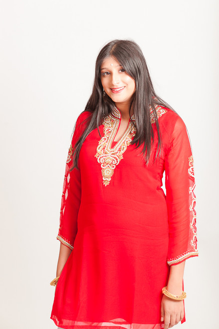 Red kurti (tunic) with embroidered sleeves