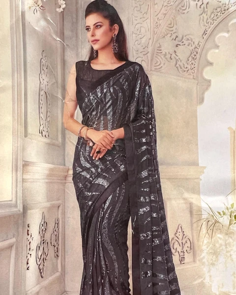 Black sequence saree with stitched blouse