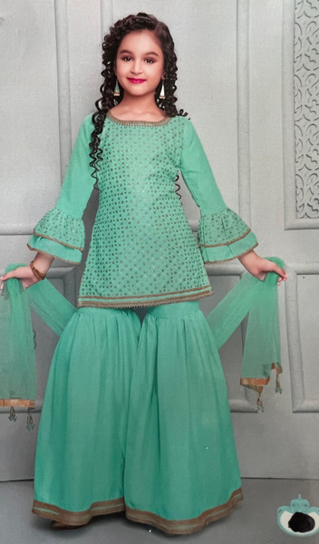 BBK04 - Green full sleeves sharara (Age 13-16 years)