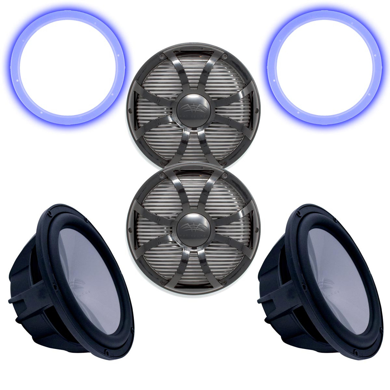 Two Wet Sounds Revo 12" Subwoofers, Grills, & RGB LED Rings - Subwoofers & Black Closed Face SW Grills - Ohm - Creative Audio