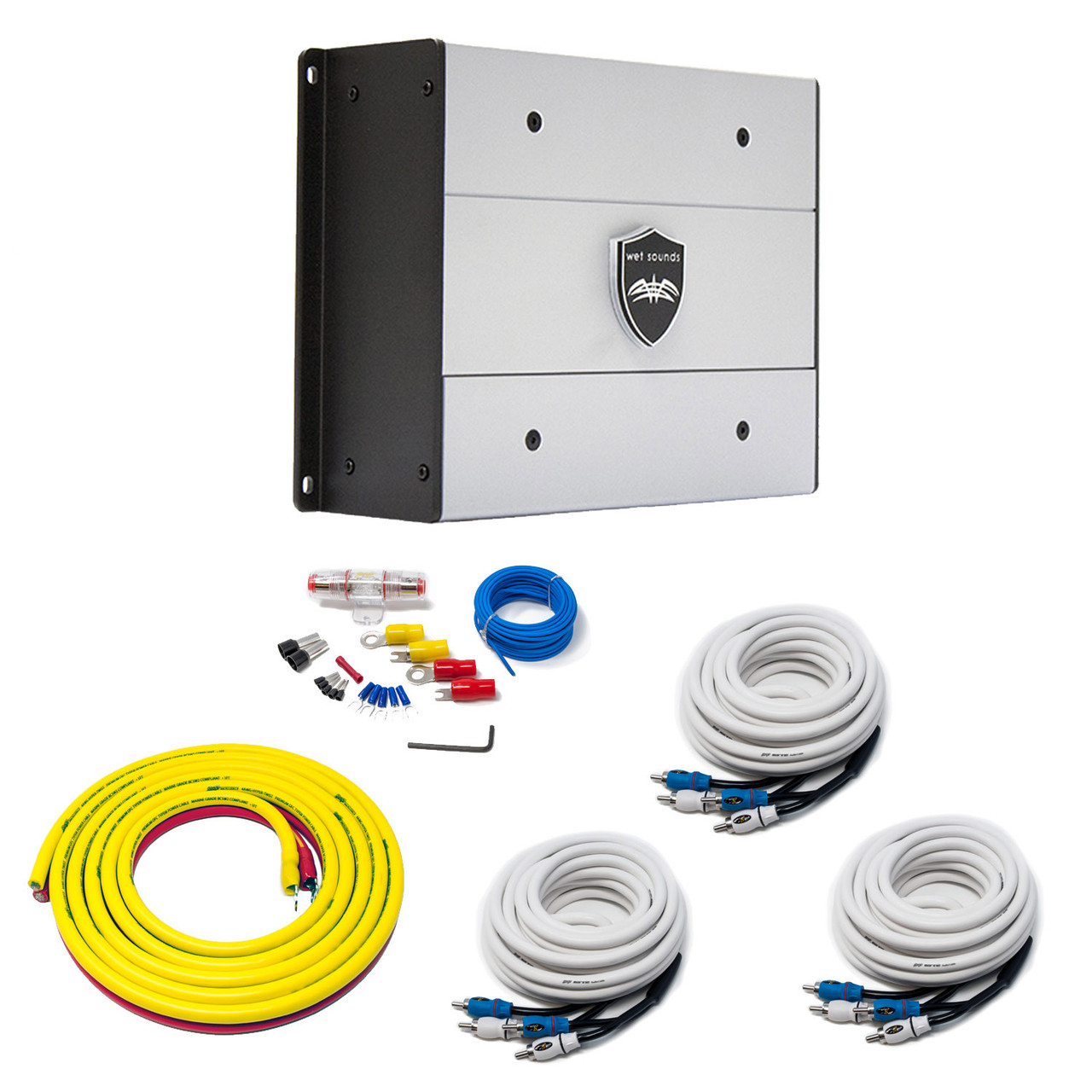 Wet Sounds HTX6 Package: 900 watt 6-channel amplifier & Stinger 3-Meter  4-Gauge Amplifier Wiring Kit w/ RCAs - Creative Audio