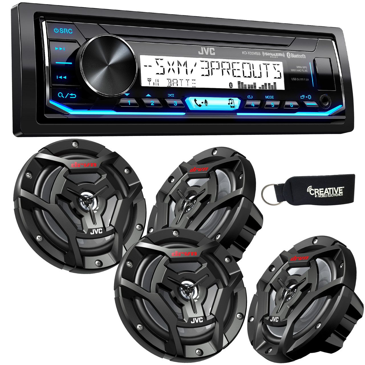 JVC KD-X35MBS Marine Radio with 6.5 Inch JVC CS-DR6200M Black Marine  Speakers 2 Pair 4 Total