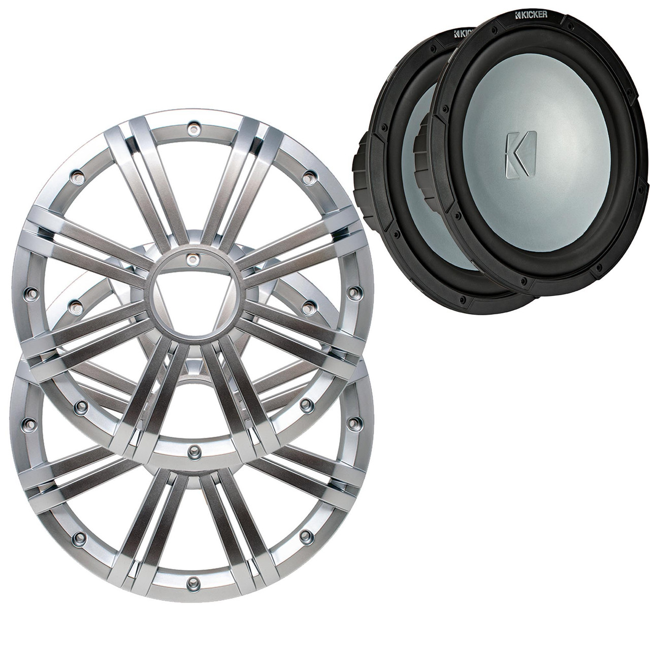 Kicker - Two 10 Inch LED Marine Subwoofers in Silver, 2 Ohm Bundle 4 Ohm  each