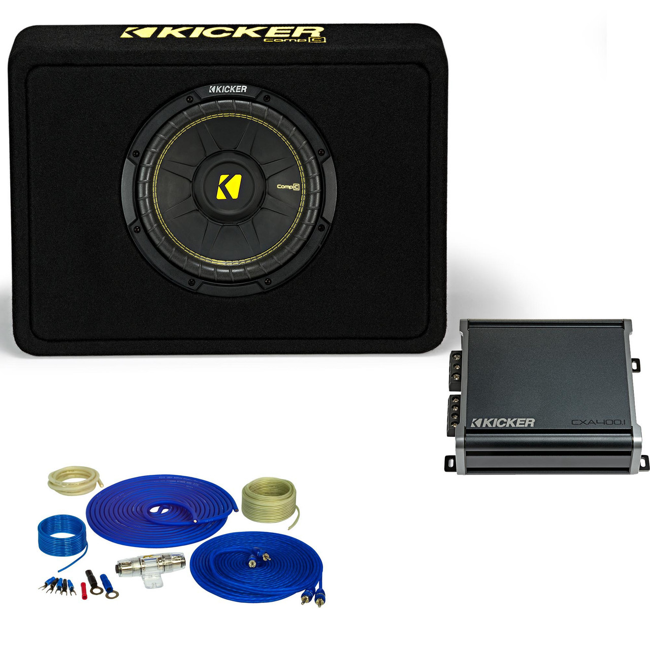 Kicker 10 Inch Comp Truck Bass Package 44TCWC102 with CXA4001 and amp wire  kit