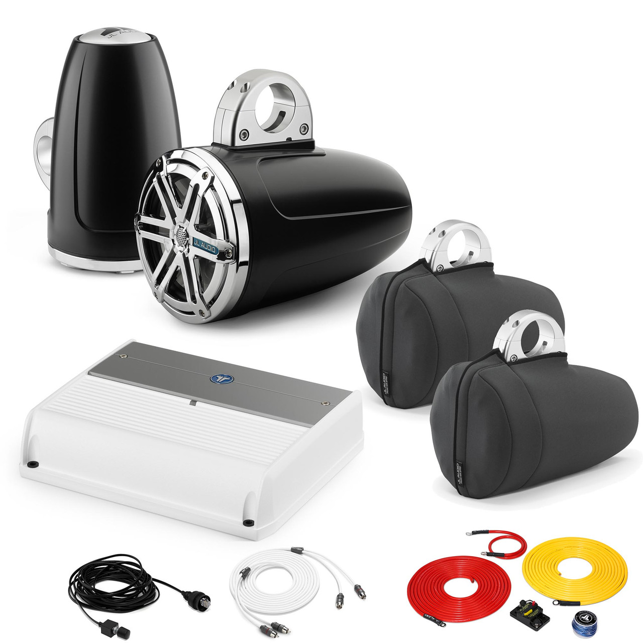 JL Audio Wake Tower Speaker Package includes M400/4, 2 (1 Pair)  MX770-ETXv3-SG-CK , Covers, wire kit, RBC volume