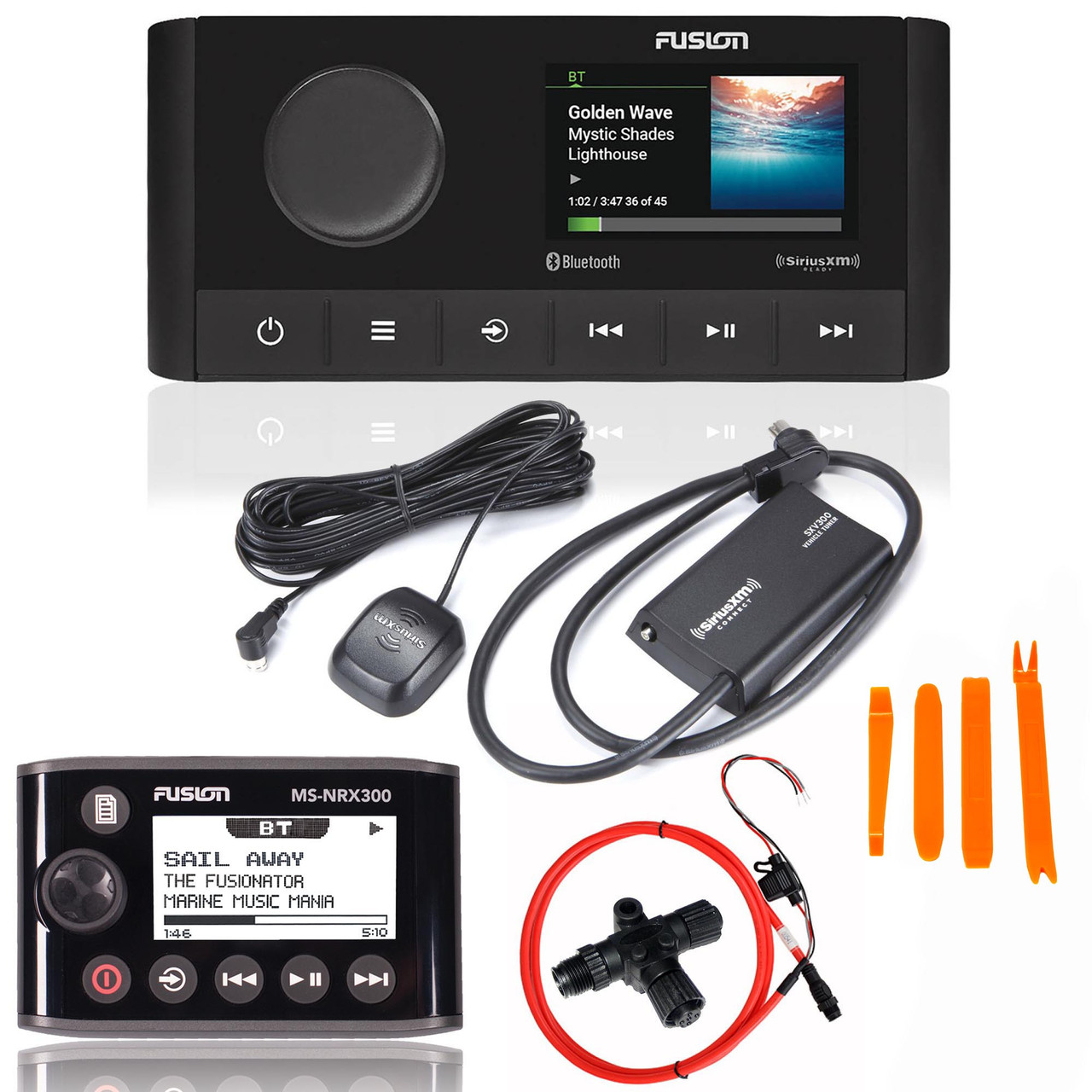 Fusion MS-RA210 Marine Entertainment System with MS-NRX300 Wired Remote,  and SVX300v1 Sirius XM Tuner