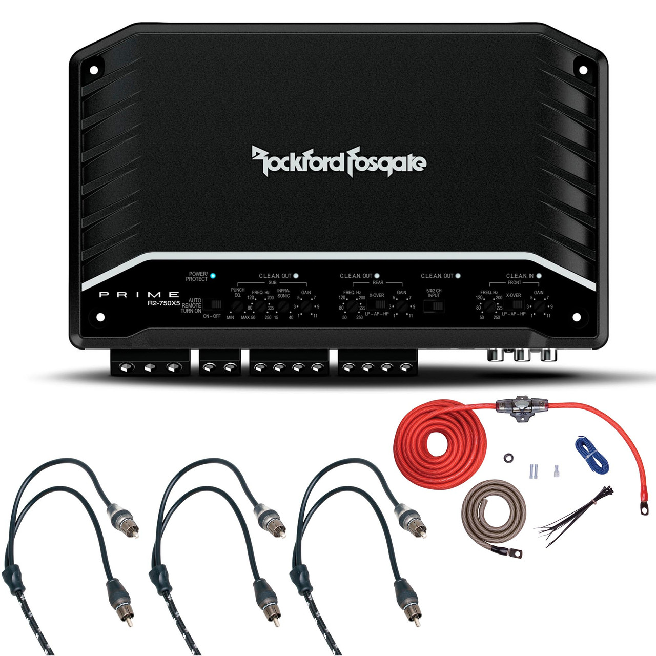 Rockford Fosgate R2-750X5 Prime 5-Channel Amplifier with a RFK4