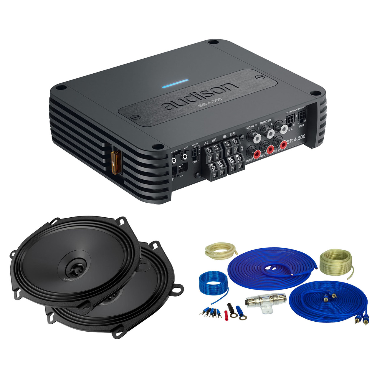 Audison SR Series SR 4.300 4 Channel 85Wx4 Amplifier & a 8 GA Wiring Kit  with 2 Pairs of APX 570 Prima Series 5x7