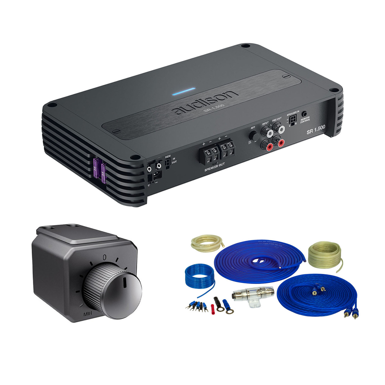 Audison SR Series SR 1.500 1000W Mono Amplifier with a 8 GA Wiring Kit &  VCR-S1 Sub Volume Remote Control