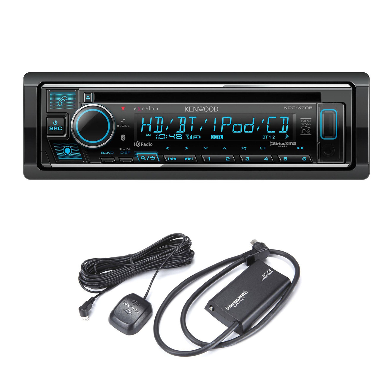 Kenwood eXcelon KDC-X705 Bluetooth HD radio Dual rear USB single DIN CD  receiver with a Sirius XM SXV300v1 Connect Vehicle Tuner Kit for Satellite  