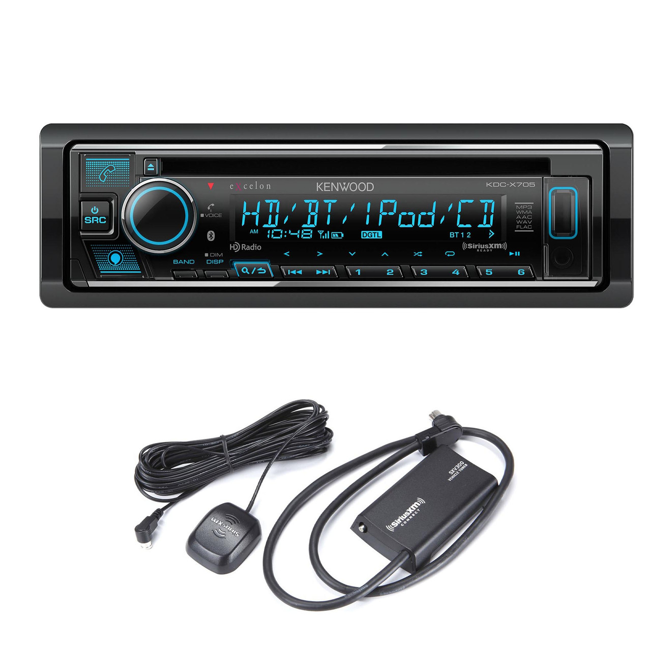 Kenwood eXcelon KDC-X705 Bluetooth HD radio Dual rear USB single DIN CD receiver with a Sirius XM Connect Vehicle Tuner Kit for Satellite Radio - Creative Audio