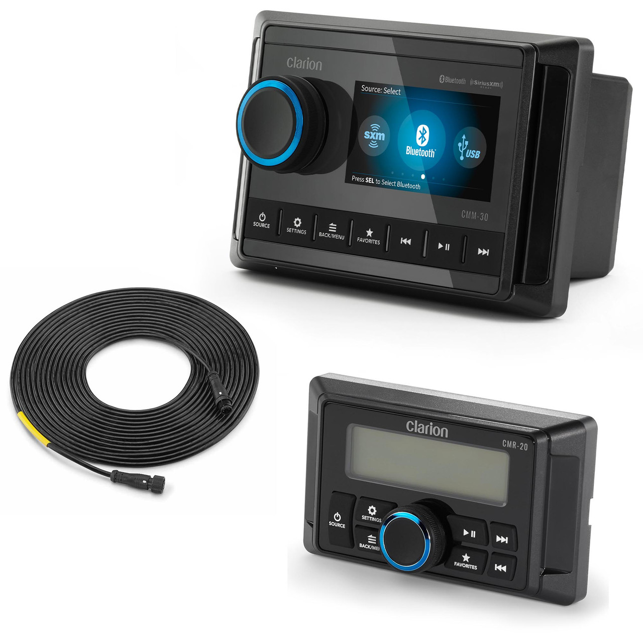 Clarion CMM-30 Marine Source Unit with Color LCD Display & CMR-20 Wired  Marine Remote with 2.4