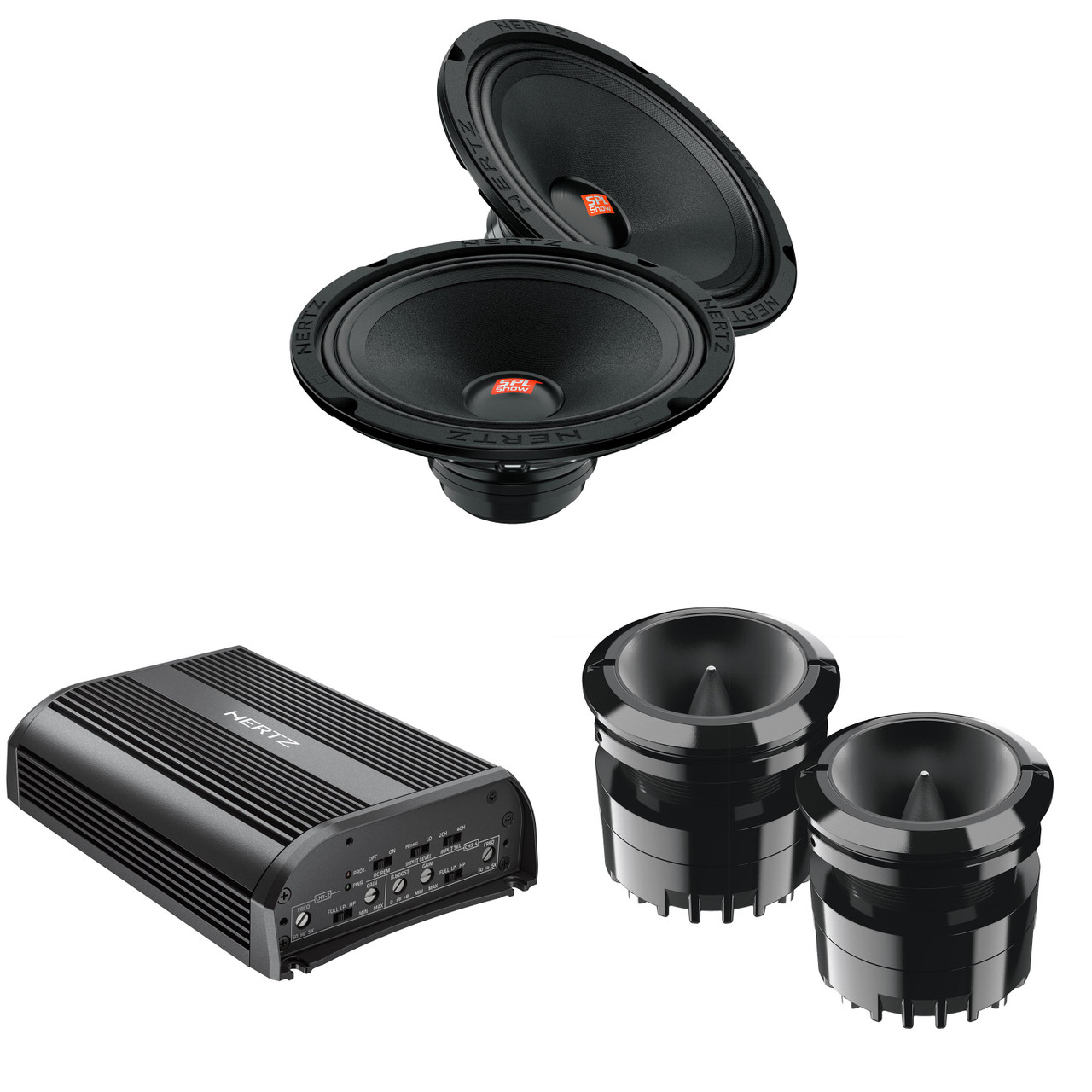 HERTZ EBX200 ウーファー　500W 4Ω アンプセット Hertz SP-4.500 D-Class 4 Channel Amplifier with 1 Pair of SV-200