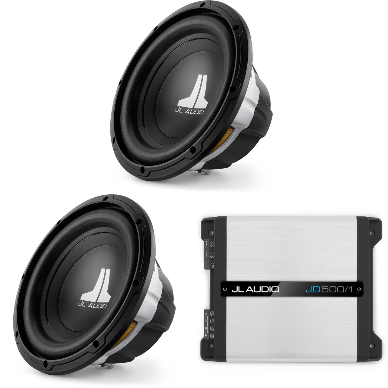 JL Audio (2) 10W0v3-4 10-inch Sub, Single 4 Ω, JD500/1 Amp Bundle
