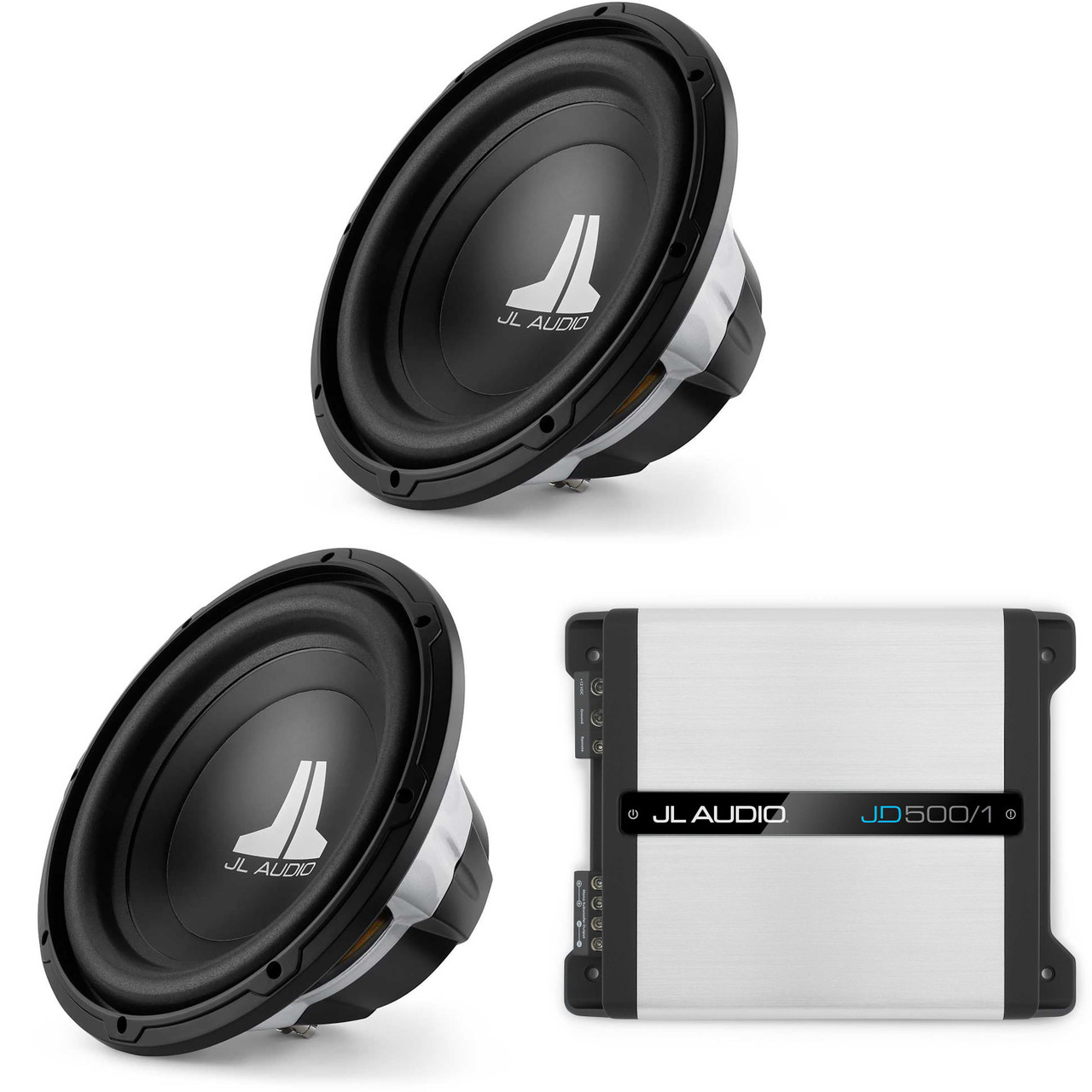 JL Audio (2) 12W0v3-4 12-inch Sub, Single 4 Ω, JD500/1 Amp Bundle