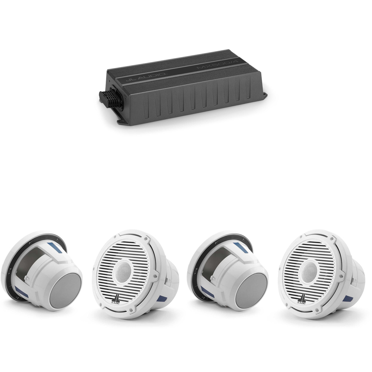 JL Audio MX500/4 w/ (2) M6-880X-C-3Gw 8.8, Gloss White, White