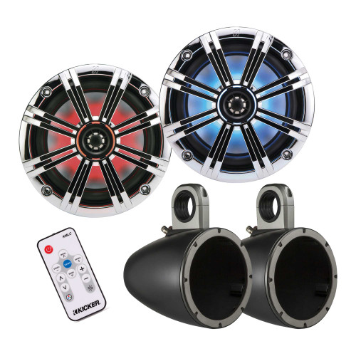 Kicker 8 Inch KM-Series Marine Chrome Grill Speaker Bundle 41KM84LCW with Black Wake Tower Enclosures and LED Remote