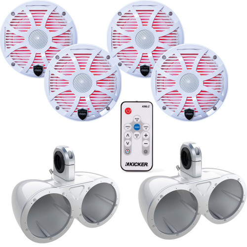 Two Pairs of Wet Sounds REVO6-SWW White 6.5" LED Speakers in KMTED White Enclosures with KMLC LED Controller
