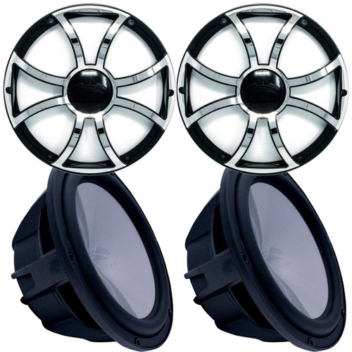 Two Wet Sounds Revo 12" Subwoofers & Grills - Black Subwoofers & Black Grills With Stainless Steel Inserts - 4 Ohm