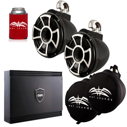 Wet Sounds Black REV 10 Swivel Clamp Tower Speakers with Wet Sounds SD2 1250 Watt Amplifier & Suitz Speaker Covers