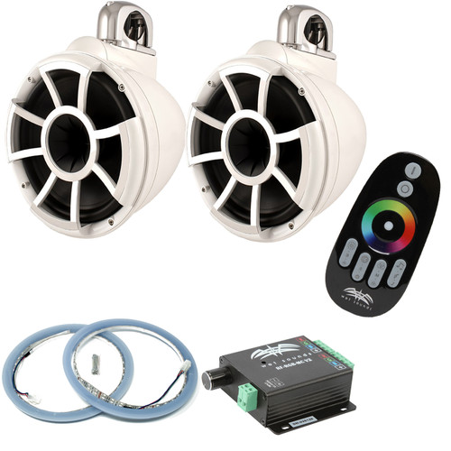 Wet Sounds REV10W-FC Fixed Clamp Tower Speakers with RGB LED Rings & RF-RGB-MCV2 RGB LED Controller - White