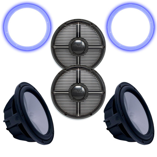 Two Wet Sounds Revo 12" Subwoofers, Grills, & RGB LED Rings - Black Subwoofers & Black Closed Face XW Grills - 4 Ohm