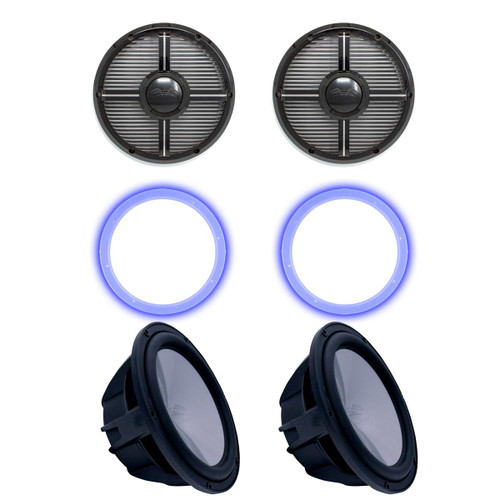 Two Wet Sounds Revo 10" Subwoofers, Grills, & RGB LED Rings - Black Subwoofers & Black Closed Face XW Grills - 4 Ohm