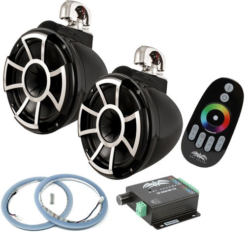 Wet Sounds REV10B-SC Swivel Clamp Tower Speakers with RGB LED Speaker Rings & LED Controller - Black