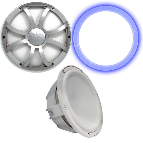 Wet Sounds Revo 12" Subwoofer, Grill, & RGB LED Ring - White Subwoofer & Silver XS Grill - 4 Ohm