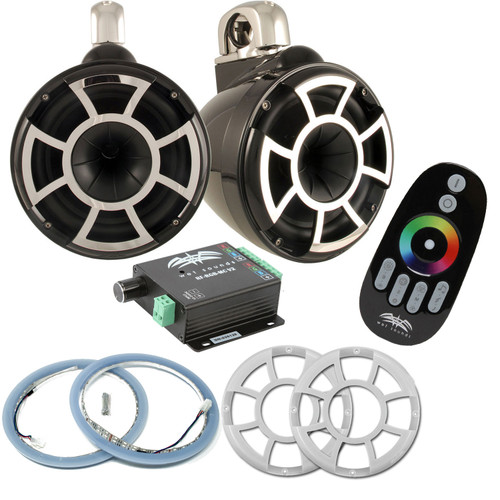 Wet Sounds REV10B-FC Fixed Clamp Tower Speakers with RGB LED Rings, Translucent Grills & RGB LED Controller - Black