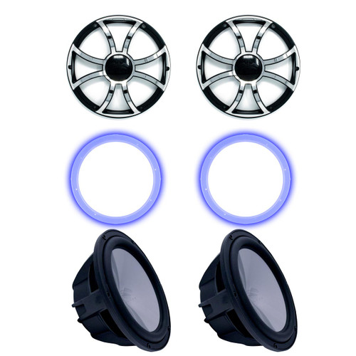 Two Wet Sounds Revo 10" Subwoofers, Grills, & RGB LED Rings - Black Subwoofers & Black Grills With Steel Inserts - 2 Ohm