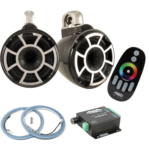 Wet Sounds REV10B-FC Fixed Clamp Tower Speakers with RGB LED Rings & RF-RGB-MCV2 RGB LED Controller - Black