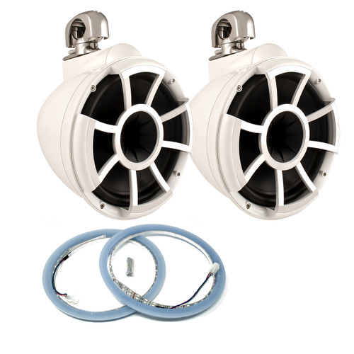 Wet Sounds REV 10 Swivel Clamp Tower Speakers with Wet Sounds LEDKITREV10-RGB RGB LED Speaker Rings - White