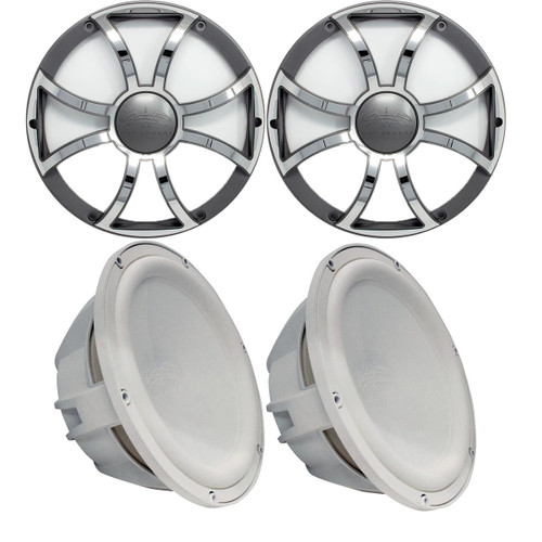 Two Wet Sounds Revo 10" Subwoofers & Grills - White Subwoofers & Gunmetal Stainless Steel Grills - 2 Ohm