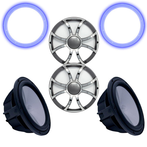 Two Wet Sounds Revo 12" Subwoofers, Grills, & RGB LED Rings - Black Subwoofers & Gunmetal Steel Grills - 2 Ohm