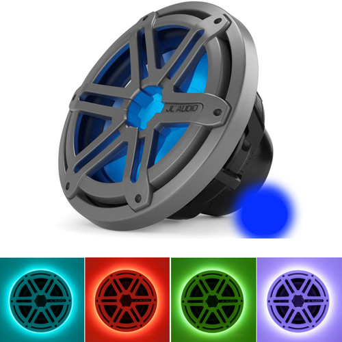 JL Audio MX10IB3-SG-TLD-B 10-inch Marine Subwoofer Driver, Titanium Sport Grille with Blue LED With RGB LED Speaker Ring
