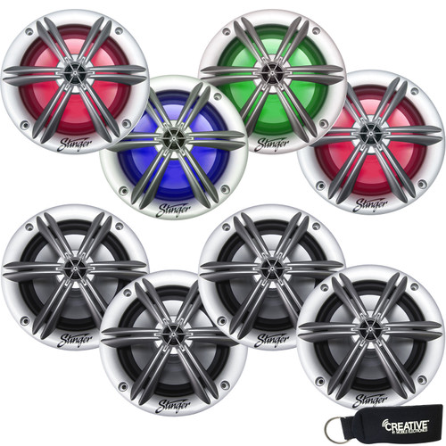 Four pairs of Stinger SEA65RGBS 6.5” Coaxial Speaker With Built-In Multi-Color Rgb Lighting (8 Speakers) Four pairs of Stinger SEA65RGBS 6.5” Coaxial Speaker With Built-In Multi-Color Rgb Lighting (8 Speakers)