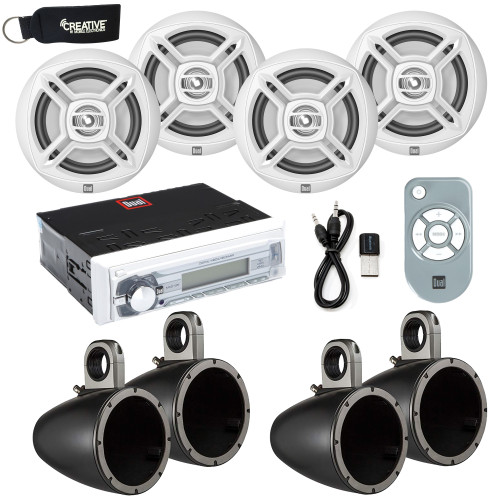 UTV Stereo - Dual Marine Receiver w/ USB, AUX (no cd), Four 6.5" Marine Speakers W/ Black Single Enclosures & Bluetooth Adapter