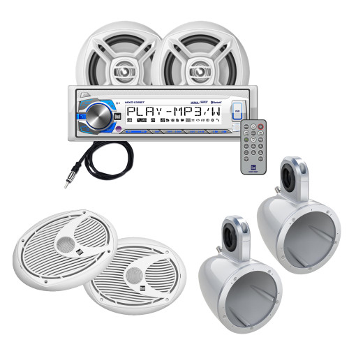 Marine Bluetooth Audio Kit with Dual Radio Receiver w/ USB, Aux (no CD) 2 6.5" Marine Towers Speakers and 2 6x9 Speakers