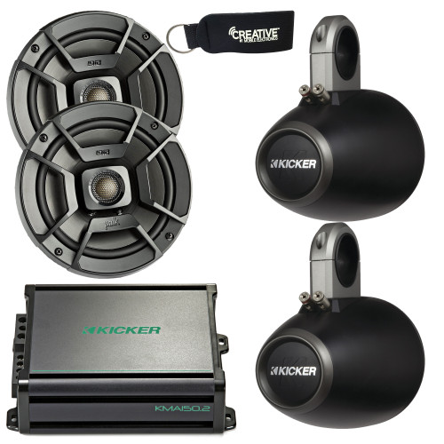 Polk Audio Marine Wake Tower Package with DB652 6.5"Speakers, Black Enclosures, Kicker KMA1502 Marine Amp