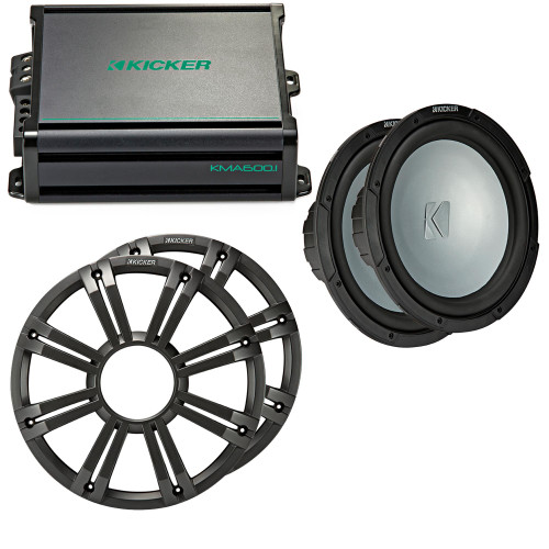 Kicker - Two 12 Inch LED  Marine Subwoofers in Charcoal, 1 Pair with 600 Watt Amplifier Bundle
