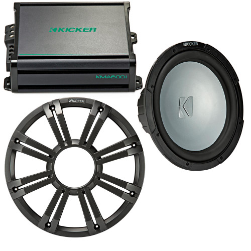 Kicker 12 Inch LED Marine Subwoofer in Charcoal with 600 Watt Amplifier Bundle