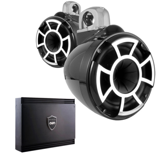 Wet Sounds REV8B-FC-SA 8" Black Tower Speakers with Silver Aluminum Fixed Clamps & SDX2 1250 Watt Amplifier