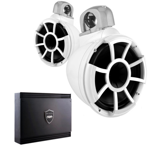 Wet Sounds REV10W-FC-SA 10" White Tower Speakers with Silver Aluminum Fixed Clamps & SDX2 1250 Watt Amplifier