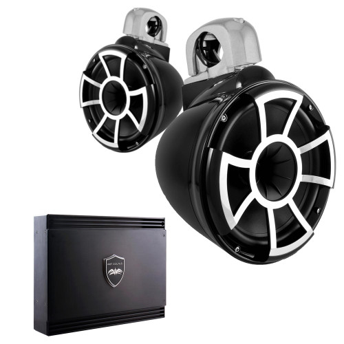 Wet Sounds REV10B-FC-SA 10" Black Tower Speakers with Silver Aluminum Fixed Clamps & SDX2 1250 Watt Amplifier