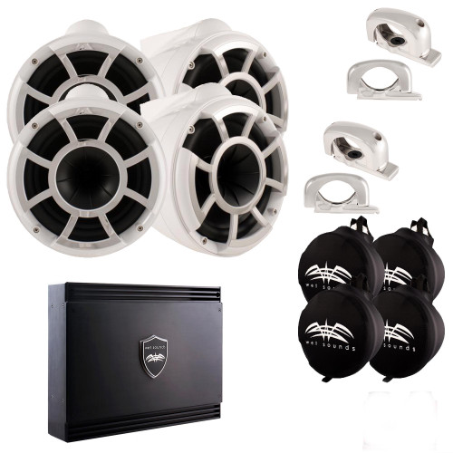 Wet Sounds Two Pairs of White REV 10 Fixed Clamp Tower Speakers with Wet Sounds Suitz speaker Covers & SDX2 Amplifier