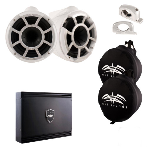Wet Sounds White REV 10 Fixed Clamp Tower Speakers with Wet Sounds SDX2 1250 Watt Amplifier & Suitz Speaker Covers