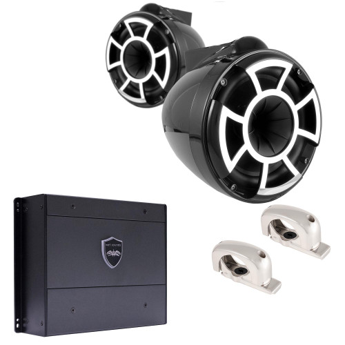 Wet Sounds REV8B-FMINI 8" Black Tower Speakers with Stainless Steel Fixed Mini Clamps & SYN-DX2 750 Watt Amplifier