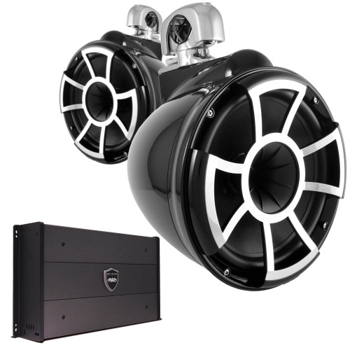 Wet Sounds REV10B-SMINI 10" Black Tower Speakers with Stainless Steel Swivel Mini Clamps & SYN-DX2.3 1200 Watt Amplifier